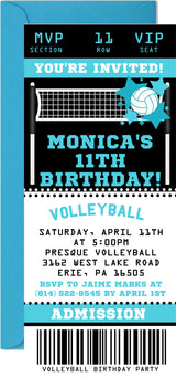 Turquoise volleyball birthday ticket invitation with MVP sports theme