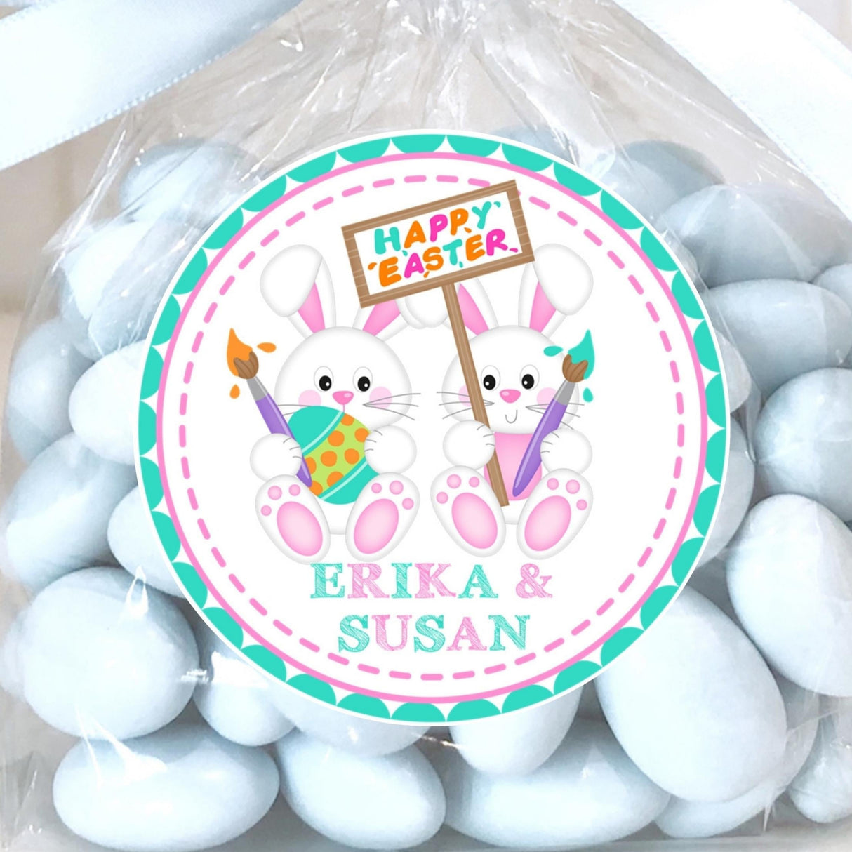 Twin Easter bunny sticker with painted eggs and sign