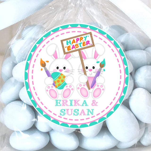 Twin Easter bunny sticker with painted eggs and sign