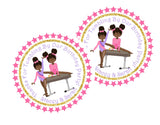 Twin gymnast party favor sticker with gold glitter-style border