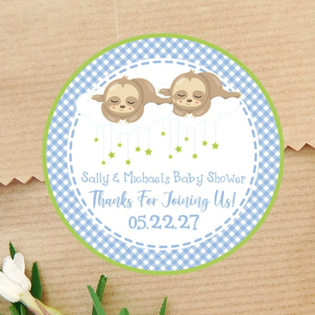 Twin sloth baby shower stickers with blue gingham border