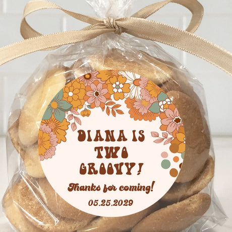 Two Groovy 2nd Birthday Sticker with retro flowers and brown lettering