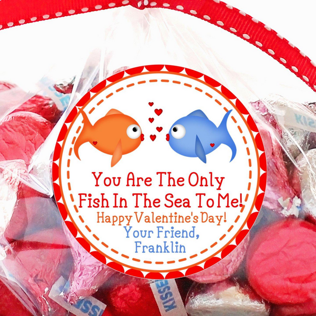 Two fish Valentine stickers with red and blue fish exchanging hearts
