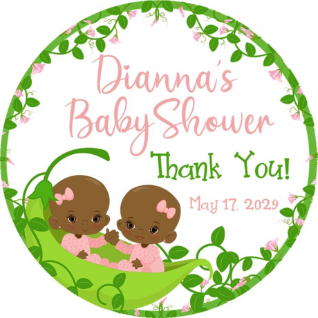 Two peas in a pod baby shower sticker with twin baby girls and vine border