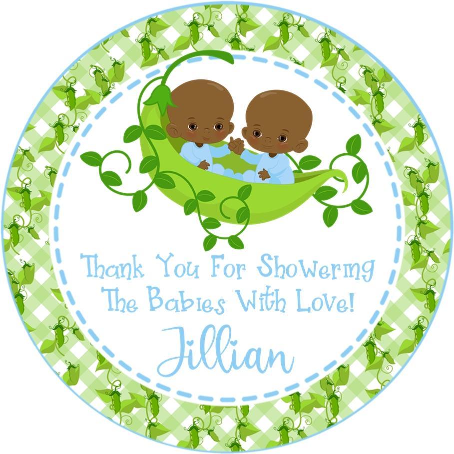 Two peas in a pod favor sticker featuring brown-skinned twin baby boys