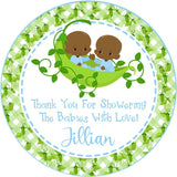 Two peas in a pod favor sticker featuring brown-skinned twin baby boys