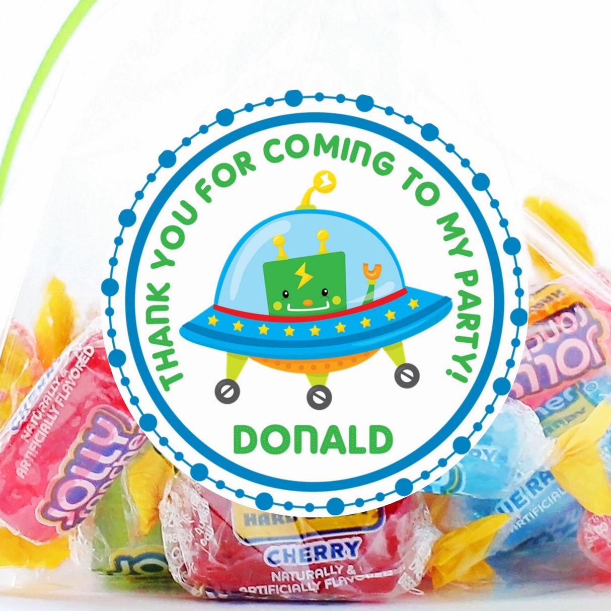 UFO robot birthday sticker with personalized name