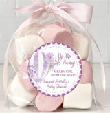 Up, Up & Away purple baby shower labels