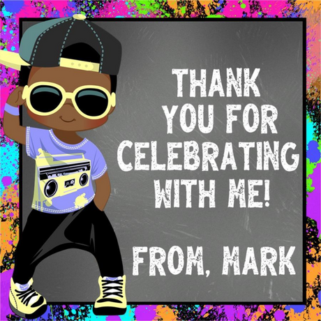Urban graffiti birthday sticker with boy character and street style outfit