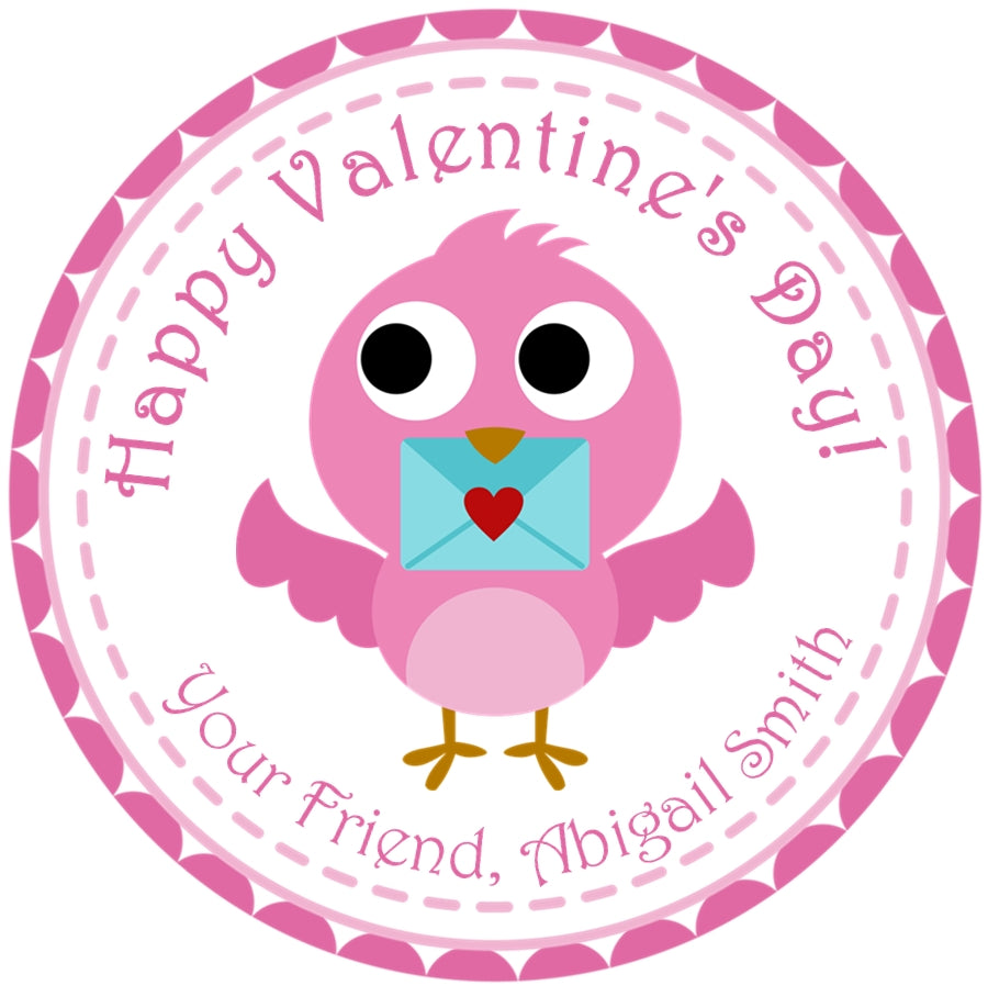 Pink Bird Valentine Stickers – Cute Love Letter Favor Labels for Kids