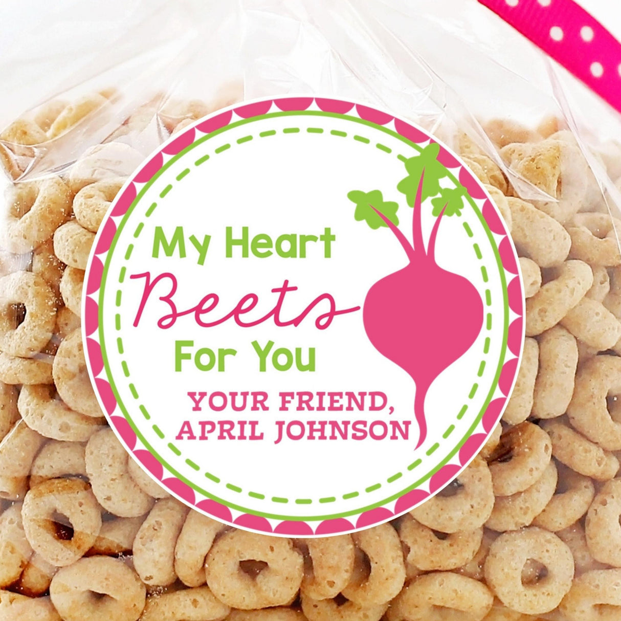 Valentine sticker with pink beet illustration and “My Heart Beets For You” phrase