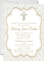 Vertical baptism invitation with traditional gold religious border