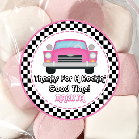 Vintage pink car 1950s birthday sticker with black and white checks