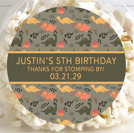 Volcano-themed dinosaur birthday sticker with personalized text