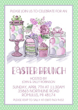Watercolor Easter invitation with macarons cupcakes and florals