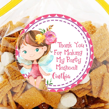 Watercolor fairy birthday sticker with pink border and personalized name.