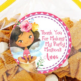 Watercolor fairy birthday sticker with pink wings and floral crown