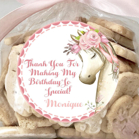 Watercolor horse birthday sticker with pink floral crown