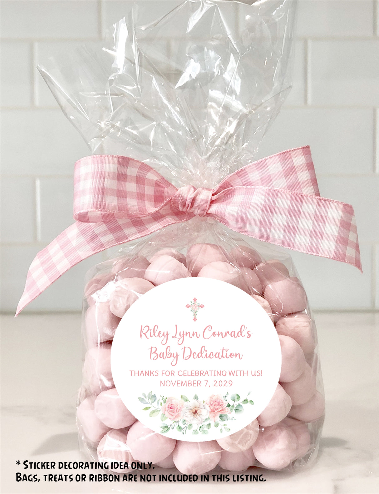 Watercolor pink floral dedication favor sticker