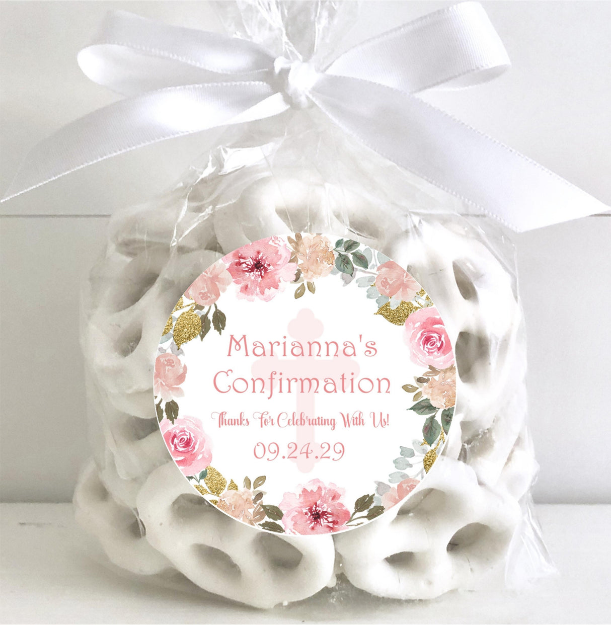 Watercolor rose Confirmation favor label in pink tones