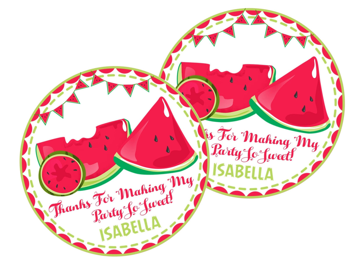 Watermelon favor label with red and green fruit design