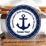 Whale and anchor baby shower sticker in navy blue