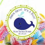 Whale baby shower stickers with lime green border