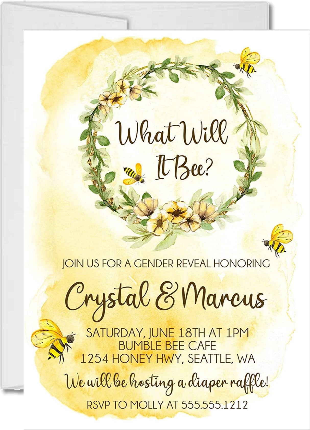 What will it bee gender reveal invitation with watercolor bee wreath