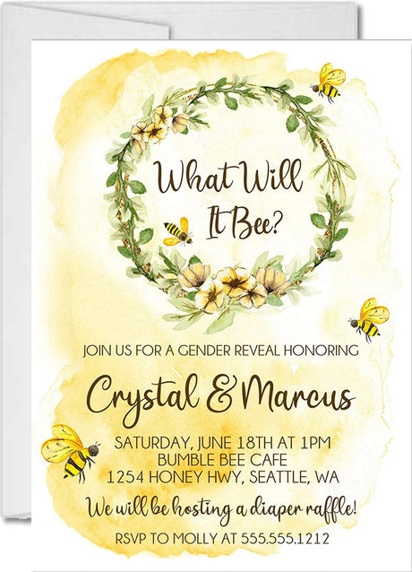 What will it bee gender reveal invitation with watercolor bee wreath