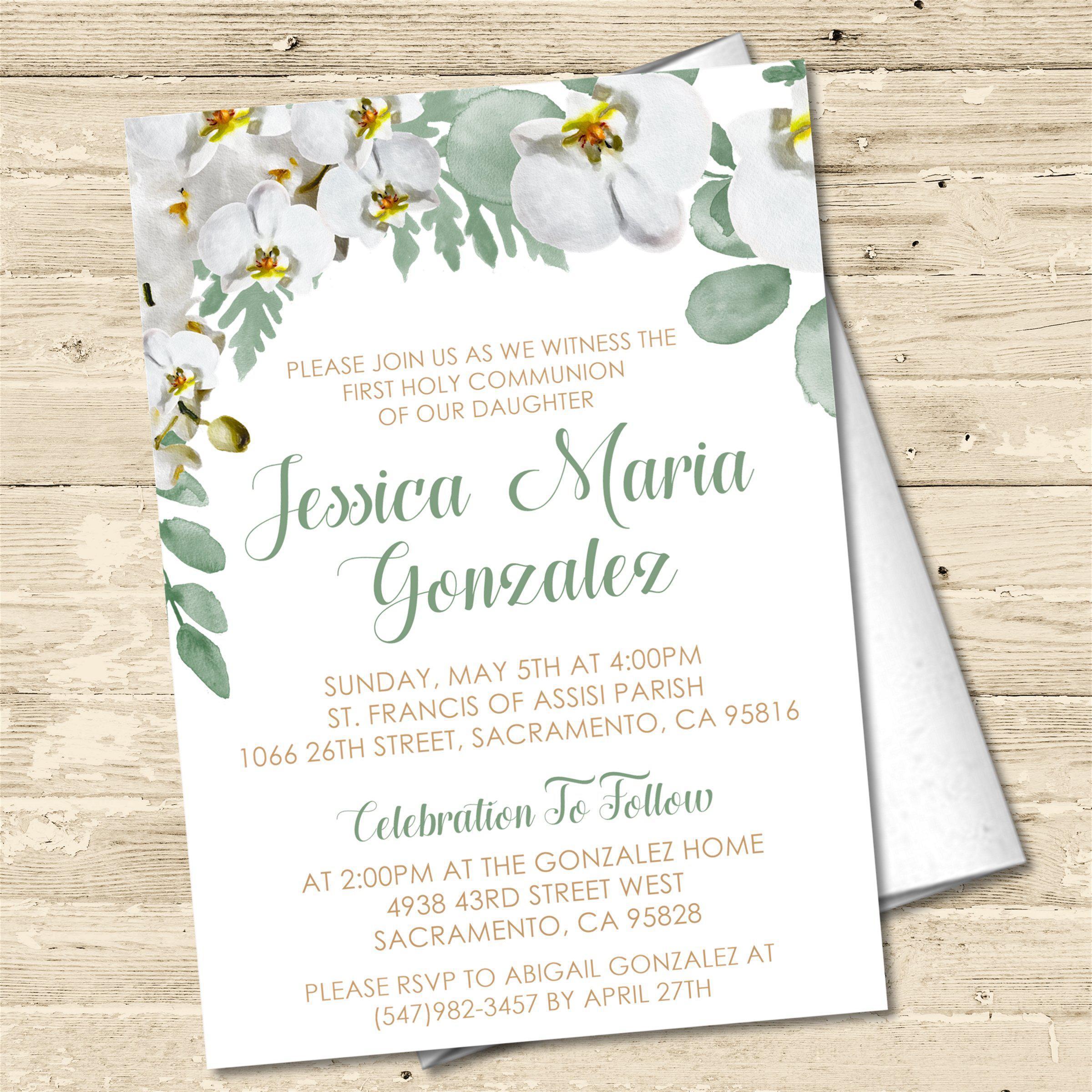 White Orchid First Communion Invitations