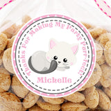 White and gray kitten birthday sticker with pink dotted border