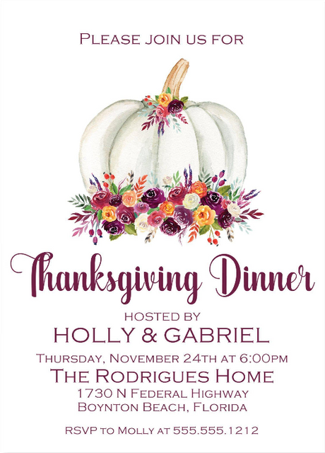White background Thanksgiving dinner invitation with burgundy floral pumpkin
