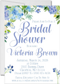 White background hydrangea bridal shower invitation with blue script