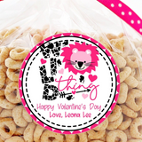 Wild Thing Valentine sticker with pink lion and leopard heart design