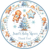 Winter baby shower favor label in blue