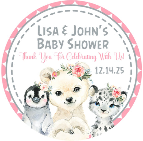 Winter girls pink arctic animals baby shower sticker labels