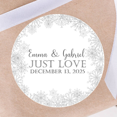 Winter snowflake wedding sticker with names and date