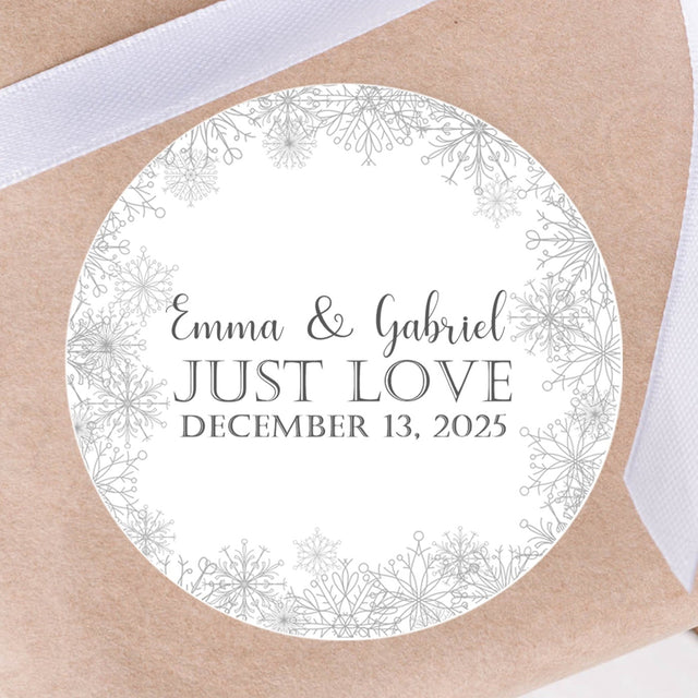 Winter snowflake wedding sticker with names and date