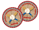 Wood background baseball favor label with red and blue border