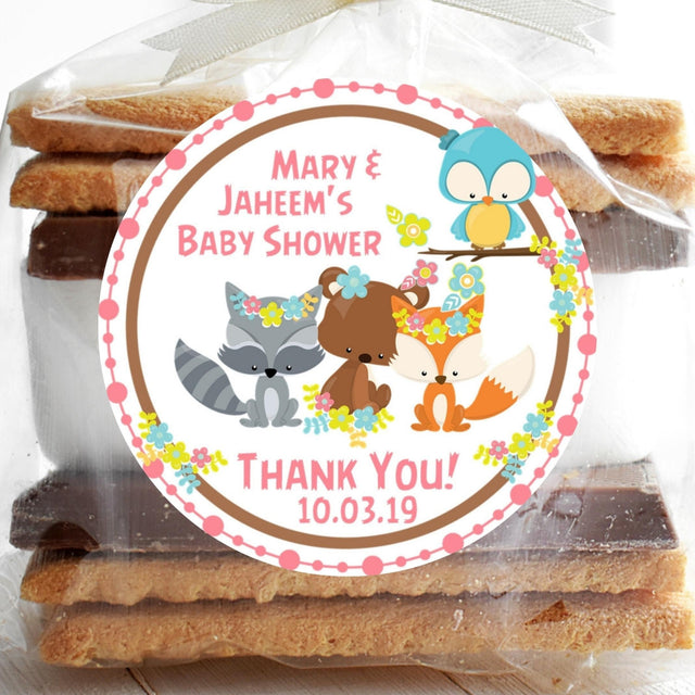 Woodland animals baby shower stickers with floral border design.
