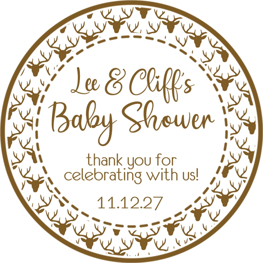 Woodland baby shower sticker with rustic deer theme