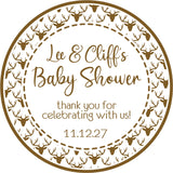 Woodland baby shower sticker with rustic deer theme