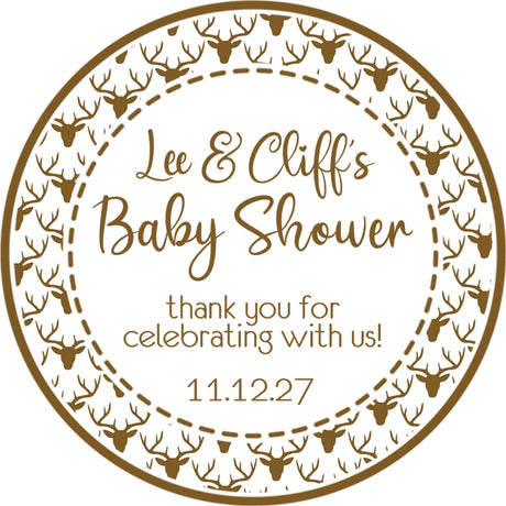 Woodland baby shower sticker with rustic deer theme