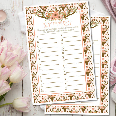 Woodland deer antler baby name race printable game PDF