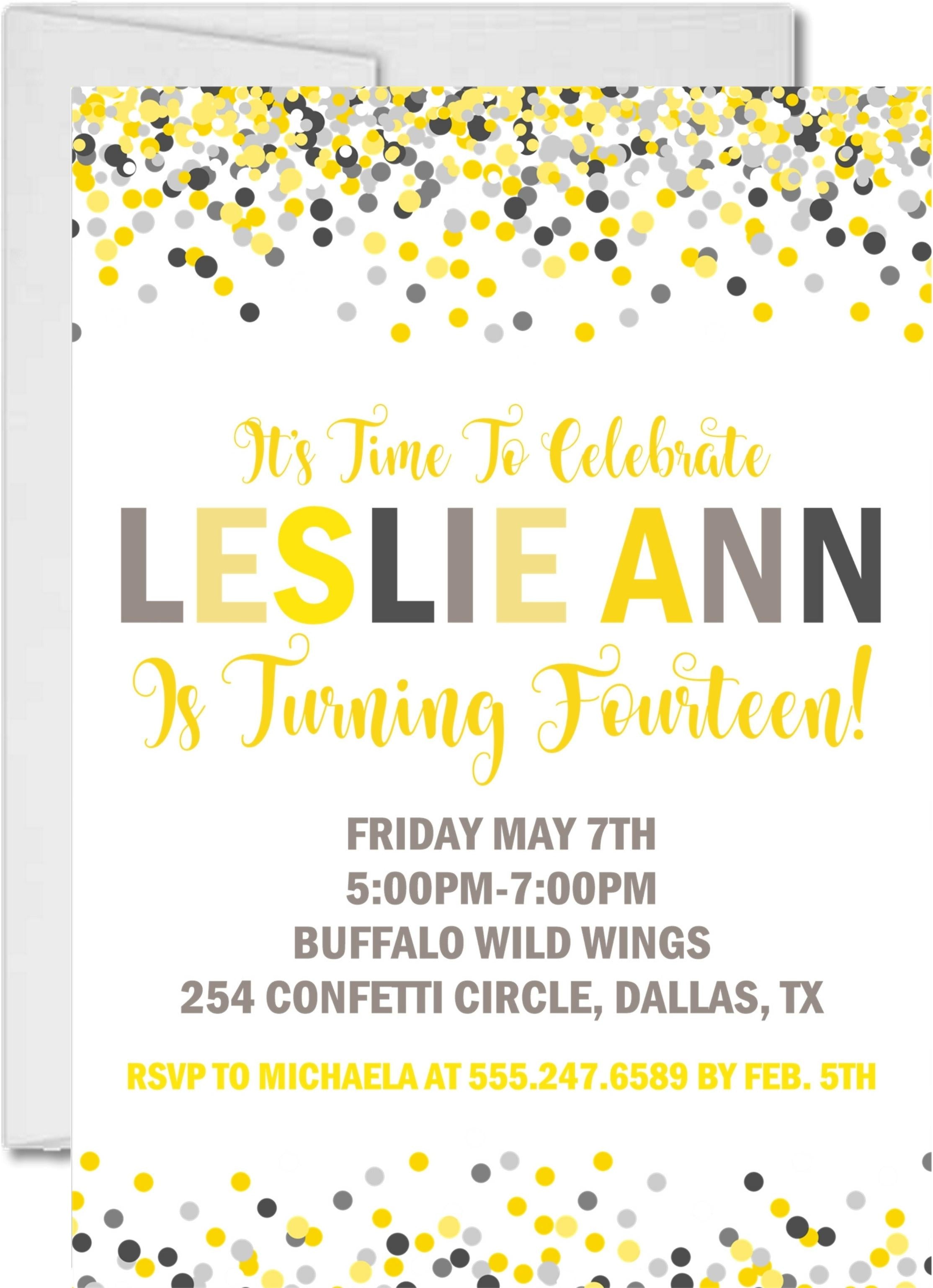 Yellow And Grey Confetti Birthday Party Invitations