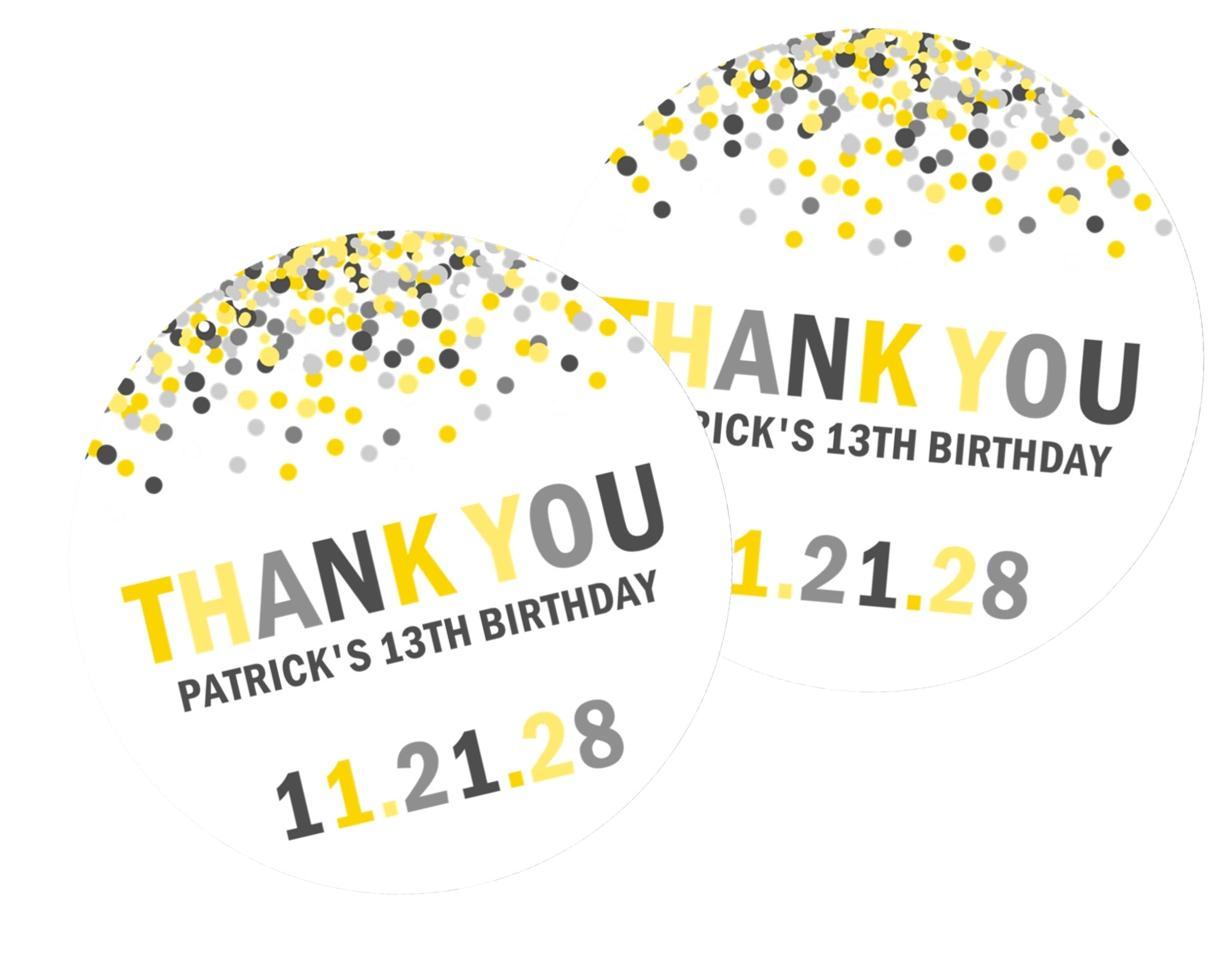 Yellow And Grey Confetti Birthday Party Stickers Or Favor Tags