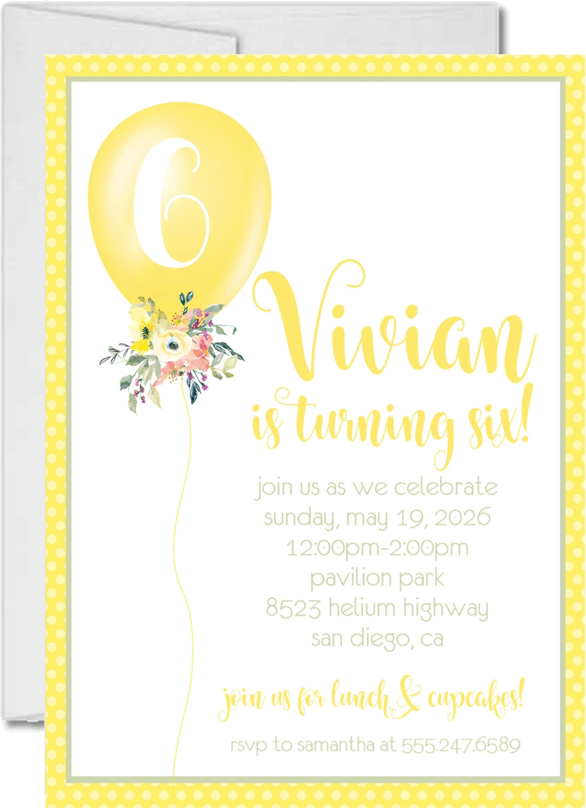 Yellow Balloon Birthday Party Invitations