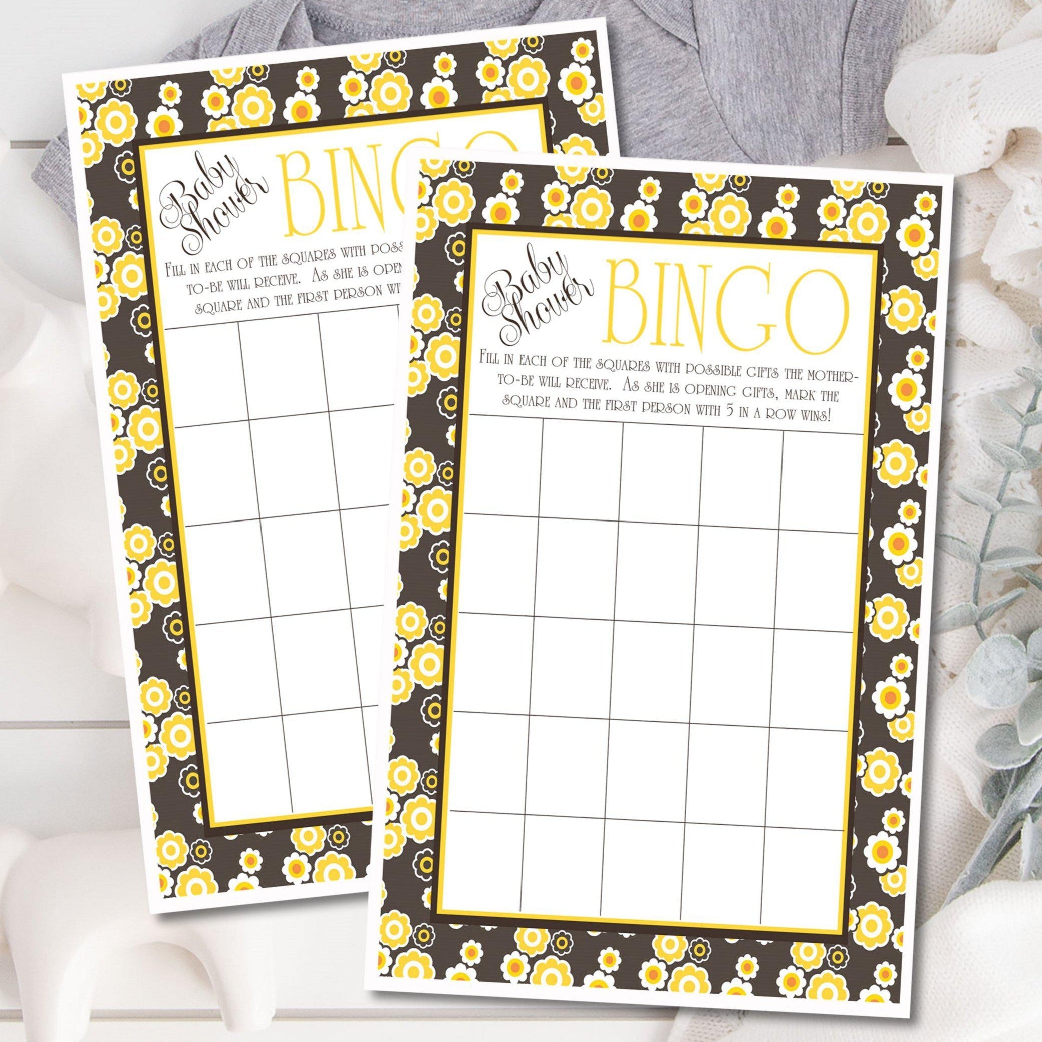 Yellow Floral Baby Shower Bingo Cards
