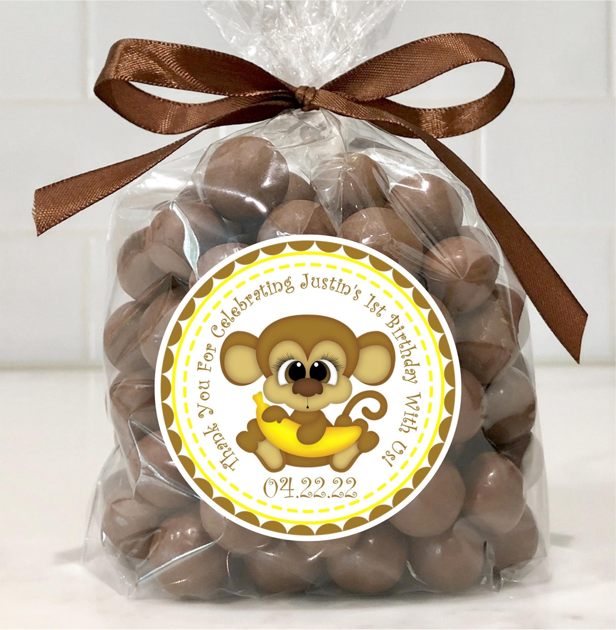 Yellow and brown jungle boy birthday favor sticker