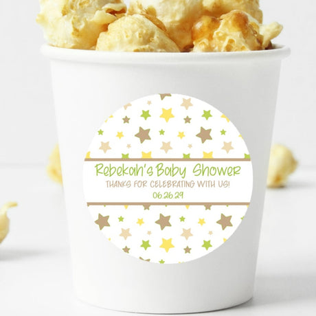 Yellow and green Twinkle Little Star baby shower stickers with neutral star design.